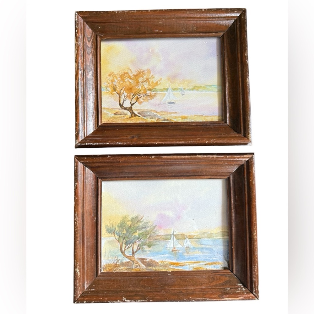 Two Rustic Original Watercolor Coastal Landscape Paintings in Vintage Frames